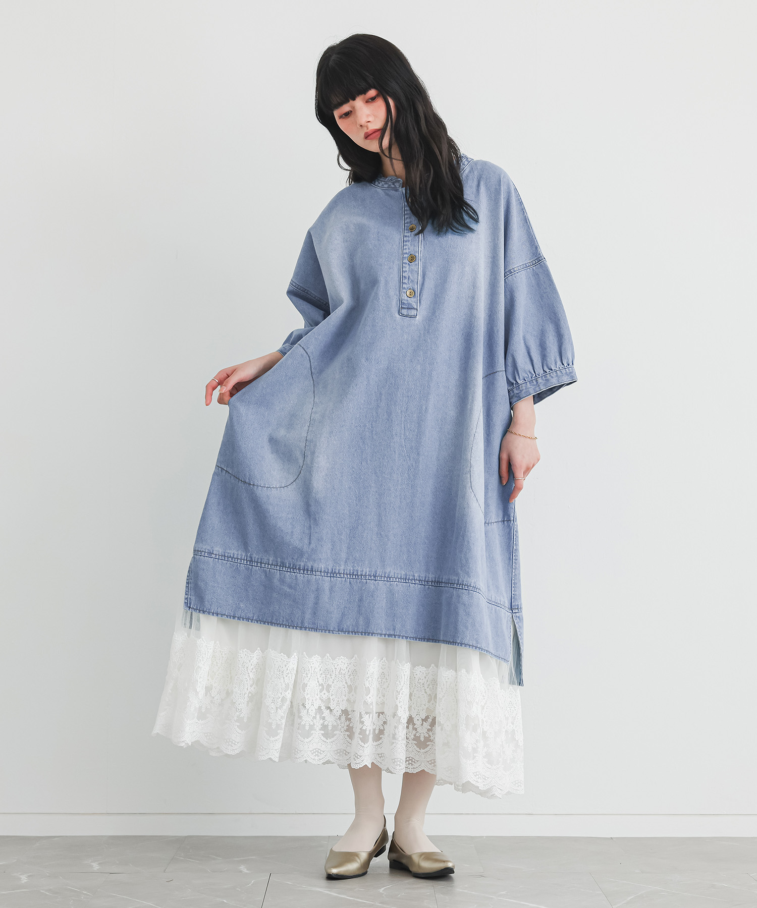 osharewalker（オシャレウォーカー） デニム ワンピース 七分袖