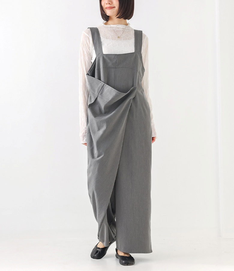 サロペット レディース ボトムス パンツ サロペットパンツ オールインワン ロング丈 アシンメトリー ラップ 春 秋 冬 オシャレウォーカー「メール便不可」「20」 | osharewalker | 01