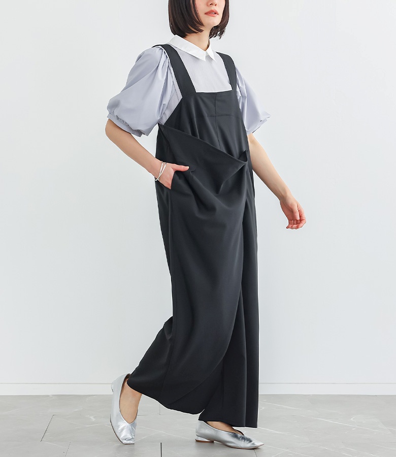 サロペット レディース ボトムス パンツ サロペットパンツ オールインワン ロング丈 アシンメトリー ラップ 春 秋 冬 オシャレウォーカー「メール便不可」「20」 | osharewalker | 02