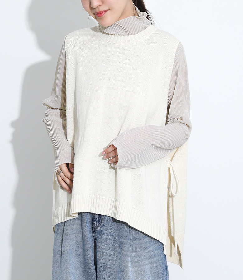 ジレ ベスト レディース アウター ニット リボン 重ね着 レイヤード 無地 シンプル 春 秋【メール便不可】【30】 | osharewalker | 01