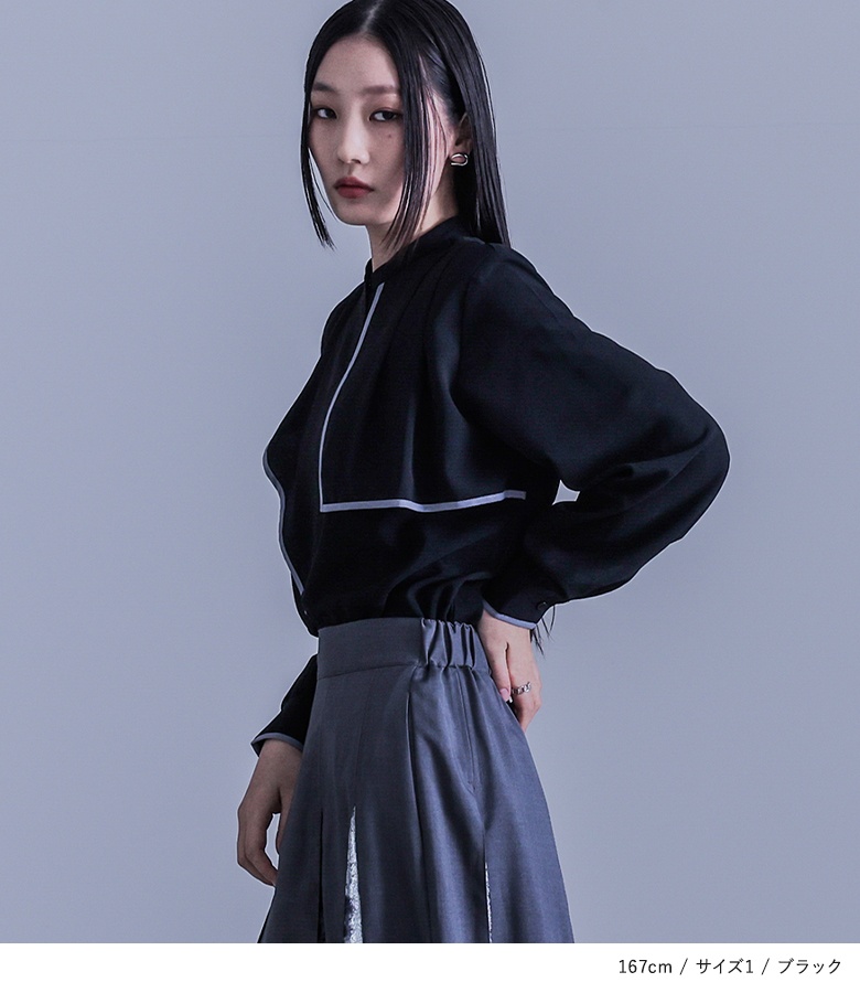 シャツ レディース トップス 長袖 ブラウス フリル 配色 パイピング アシメ アシンメトリー タック「メール便可」「10」 osharewalker シャツ レディース トップス 長袖 ブラウス フリル