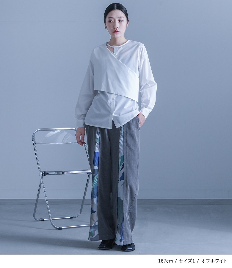 シャツ レディース トップス ブラウス 長袖 アシンメトリー アシメ モード 重ね着 レイヤード 着回し 50代 春 秋「メール便可」「10」 osharewalker シャツ レディース トップス ブラウス 長袖