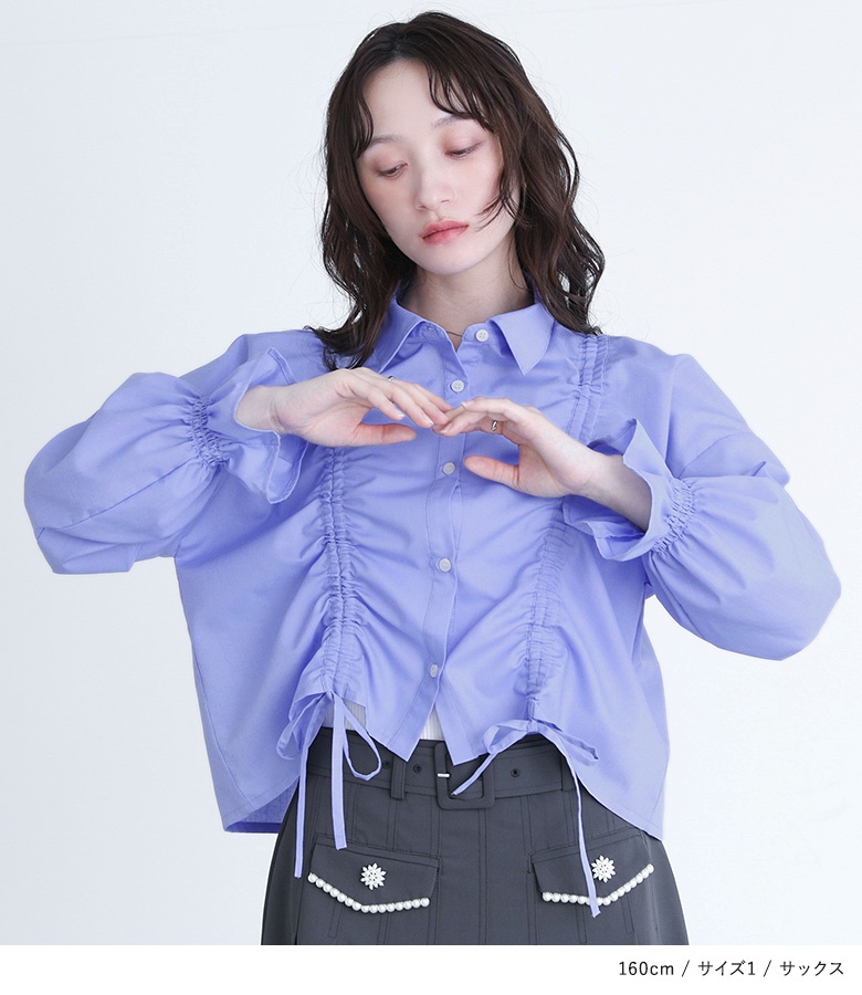 ブラウス レディース トップス 長袖 シャツ ドロスト リボン ショート丈 キャンディスリーブ 羽織 レイヤード 重ね着 春 夏 秋※メール便可※【5】 osharewalker ブラウス レディース トップス 長袖 シャツ