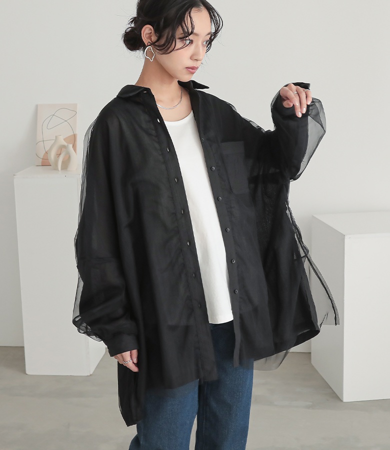シャツ レディース トップス ブラウス チュール ガーゼ レイヤード 重ね着 異素材 ぽわん袖 体型カバー ヒップが隠れる オシャレウォーカー「メール便可」「10」 osharewalker シャツ レディース トップス ブラウス チュール