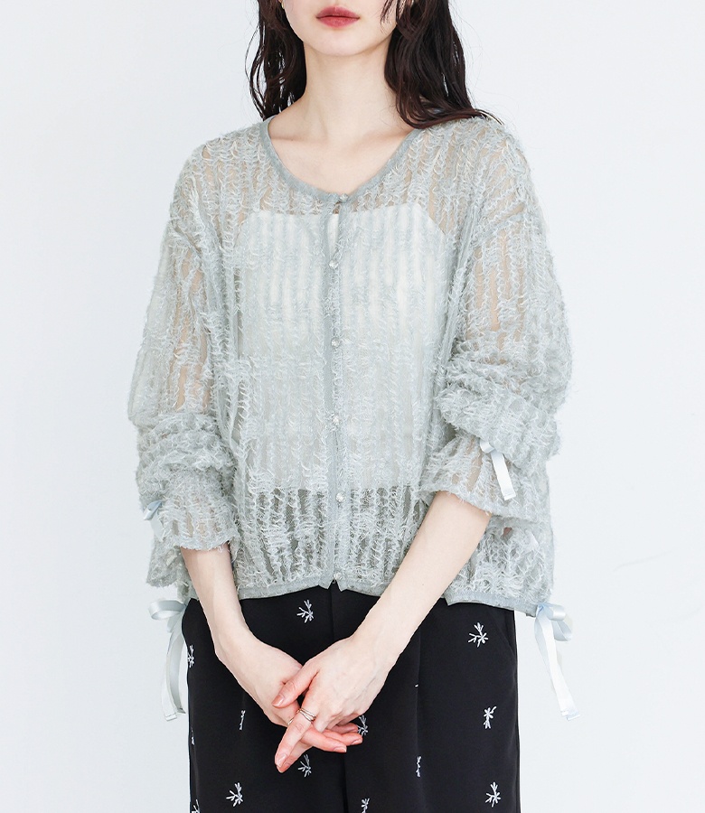 カーディガン レディース トップス 長袖 フリンジ チュール カーデ キャンディースリーブ ぽわん袖 キラキラ 黒 春 夏「メール便可」「10」 osharewalker カーディガン レディース トップス 長袖 フリンジ