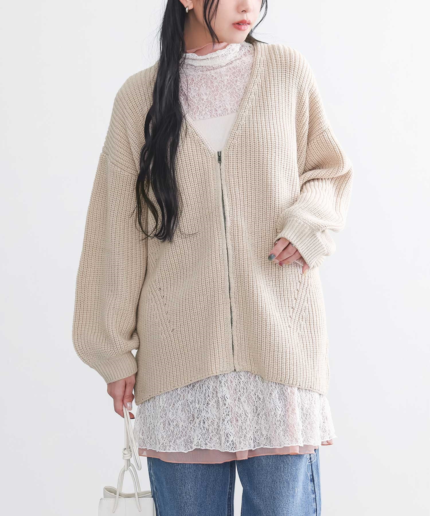 カーディガン ニット レディース トップス 長袖 羽織 Vネック ジップアップ 畔編み 畦編み 体型カバー 秋 冬 春「メール便不可」「40」 | osharewalker | 01