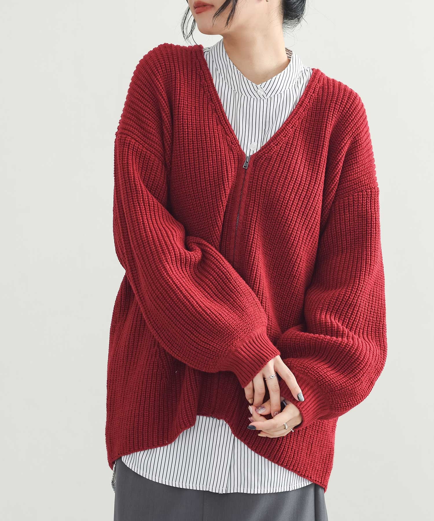 カーディガン ニット レディース トップス 長袖 羽織 Vネック ジップアップ 畔編み 畦編み 体型カバー 秋 冬 春「メール便不可」「40」 | osharewalker | 02
