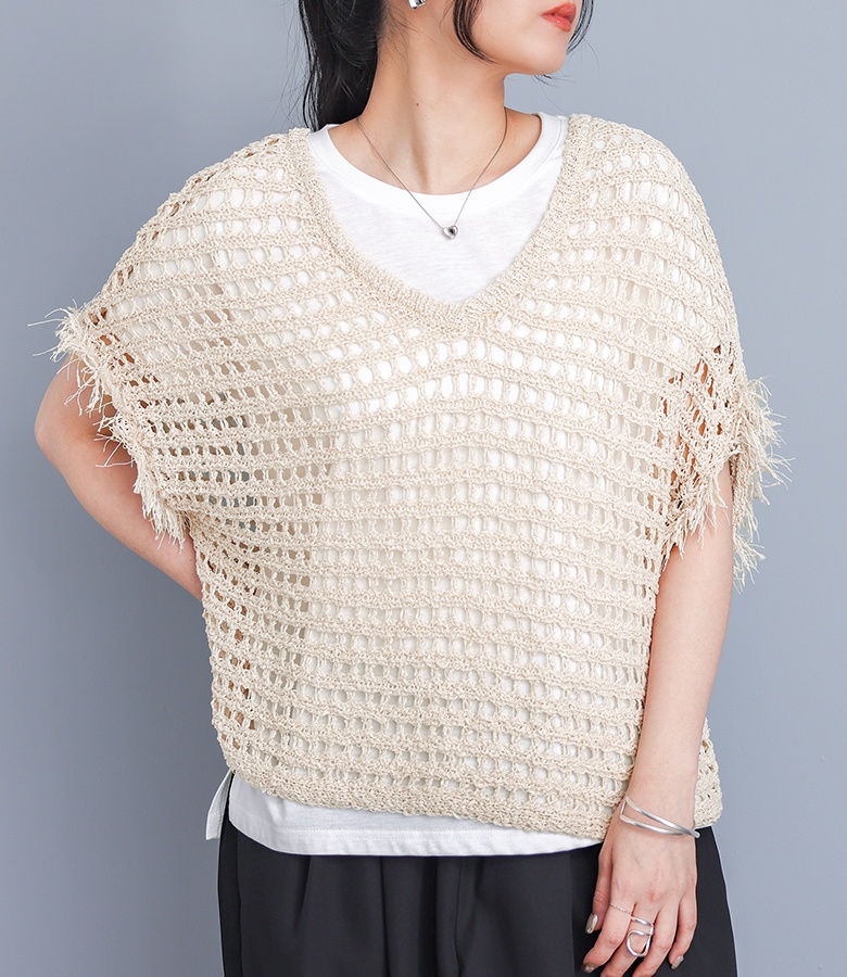 ニットベスト レディース ニットトップス ノースリーブ Vネック Uネック 透かし編み レイヤード 春 夏 秋 オシャレウォーカー「メール便不可」「20」 | osharewalker | 01