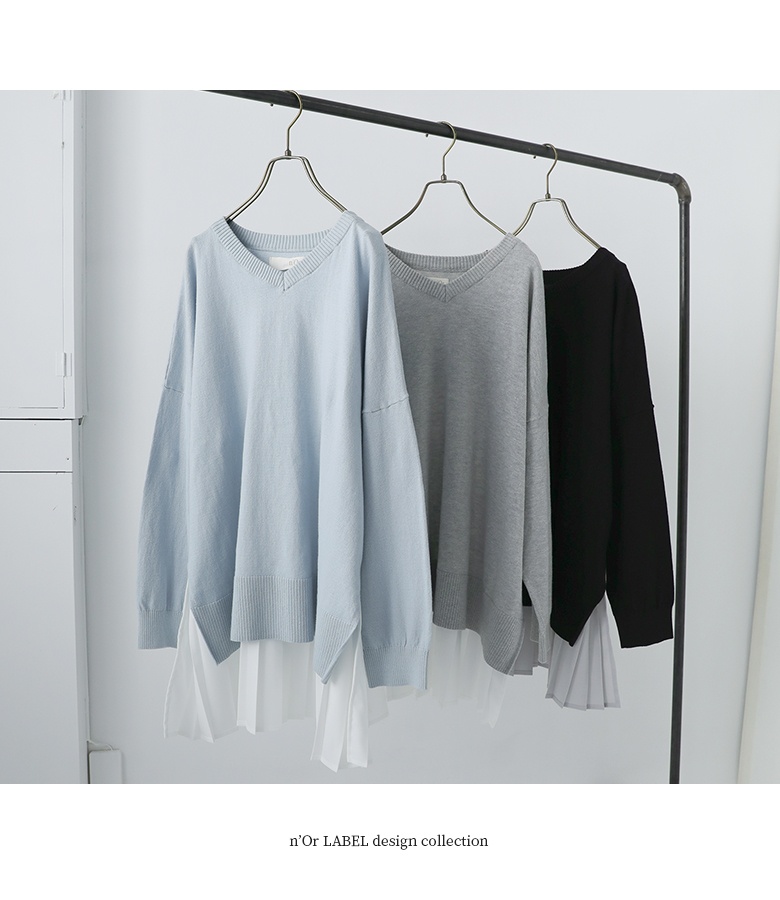 ニット 長袖 レディース トップス セーター Vネック 異素材 プリーツ コットン100％ お尻が隠れる 体型カバー 春 秋 冬「メール便不可」「20」 | osharewalker | 08