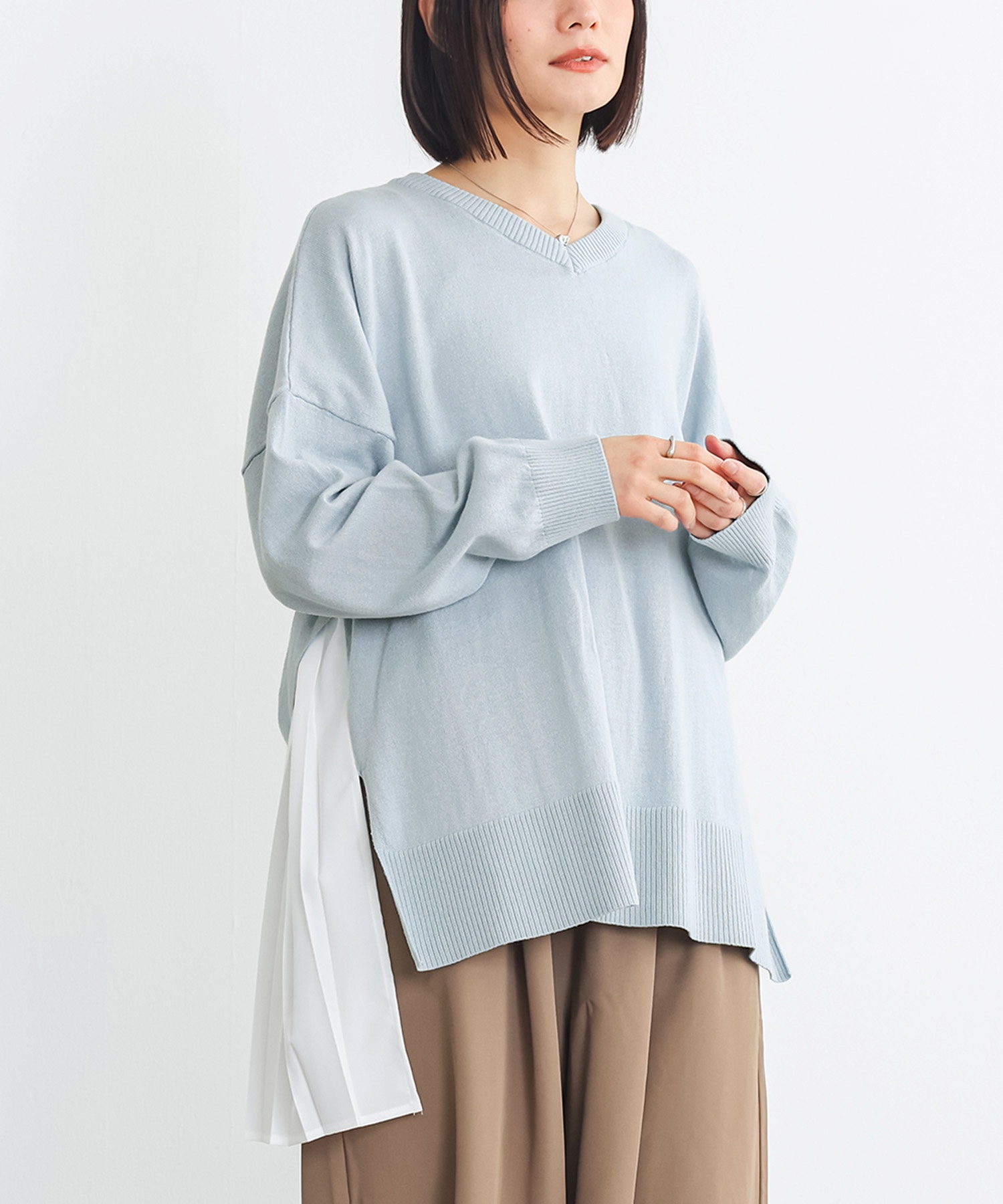ニット 長袖 レディース トップス セーター Vネック 異素材 プリーツ コットン100％ お尻が隠れる 体型カバー 春 秋 冬「メール便不可」「20」 | osharewalker | 01