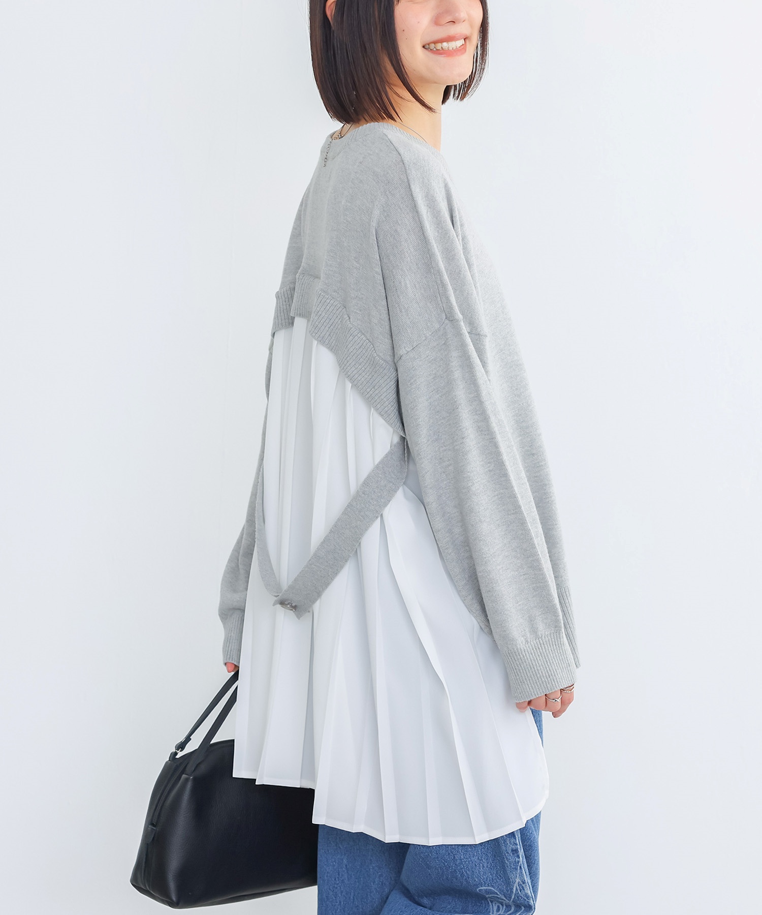 ニット 長袖 レディース トップス セーター Vネック 異素材 プリーツ コットン100％ お尻が隠れる 体型カバー 春 秋 冬「メール便不可」「20」 | osharewalker | 02