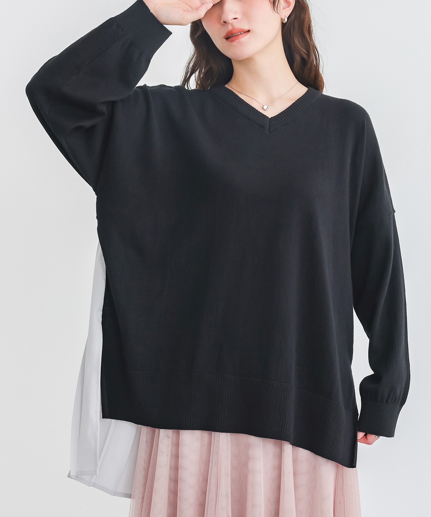 ニット 長袖 レディース トップス セーター Vネック 異素材 プリーツ コットン100％ お尻が隠れる 体型カバー 春 秋 冬「メール便不可」「20」 | osharewalker | 03
