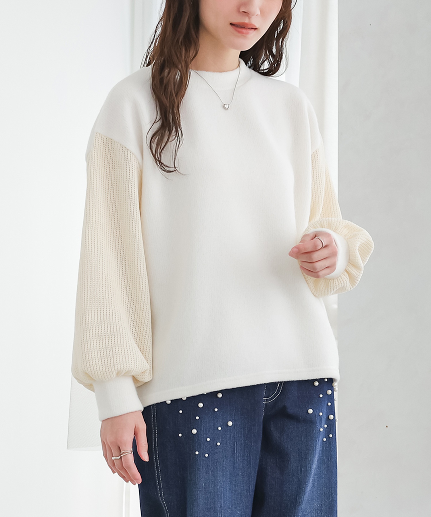 ニット レディース トップス 長袖ニット クルーネック チュール 異素材 配色 バックシャン 春 秋 冬 オシャレウォーカー「メール便不可」「20」 | osharewalker | 01