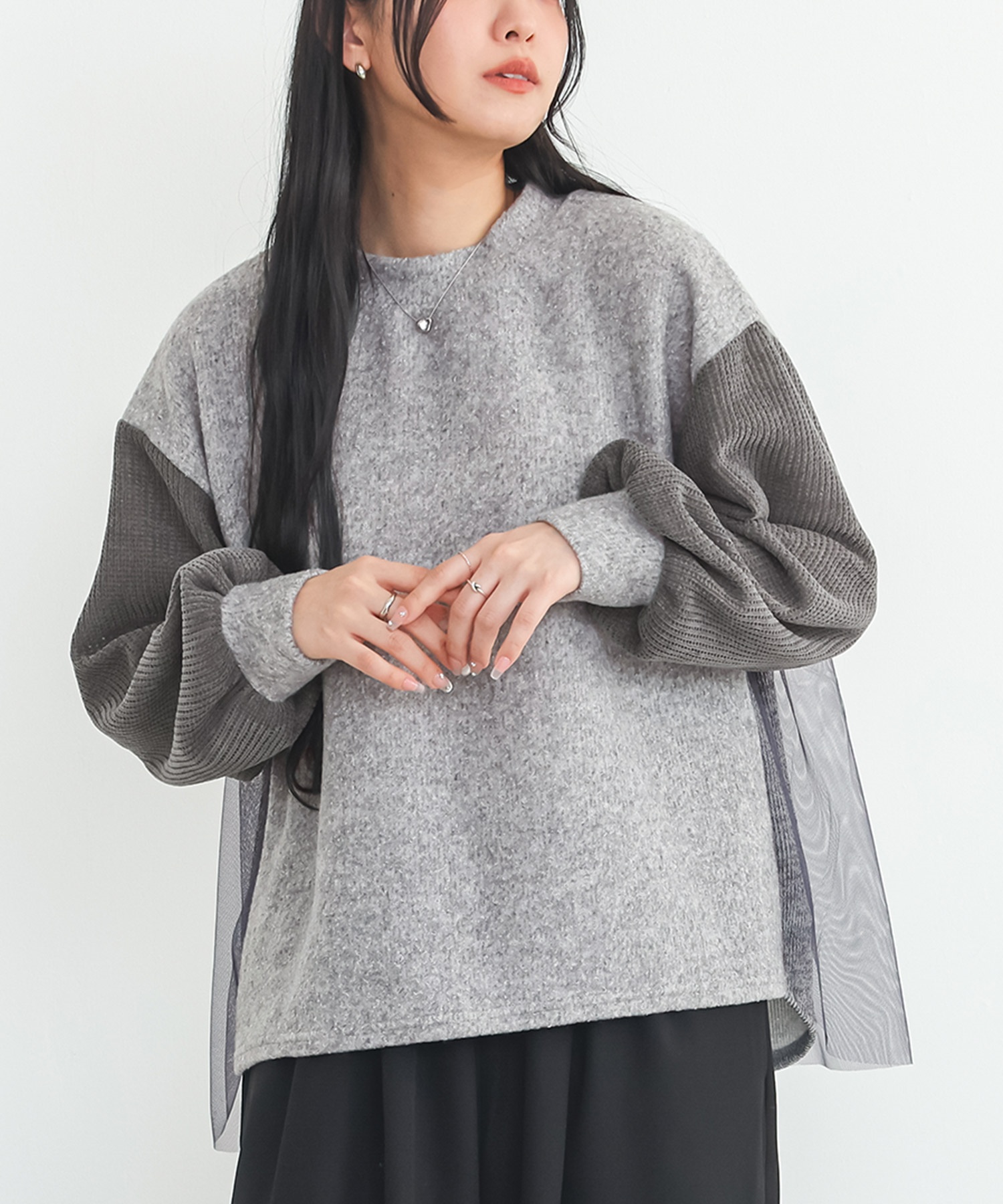 ニット レディース トップス 長袖ニット クルーネック チュール 異素材 配色 バックシャン 春 秋 冬 オシャレウォーカー「メール便不可」「20」 | osharewalker | 02