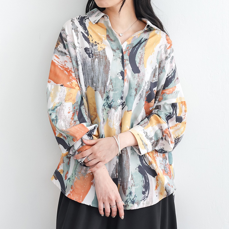 シャツ 長袖 レディース トップス ブラウス 柄シャツ オーバーシャツ 羽織 水彩プリント ペイント風 オーバーサイズ ゆったり 50代 春 秋「メール便可」「10」 | osharewalker | 01