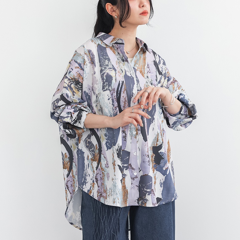 シャツ 長袖 レディース トップス ブラウス 柄シャツ オーバーシャツ 羽織 水彩プリント ペイント風 オーバーサイズ ゆったり 50代 春 秋「メール便可」「10」 | osharewalker | 02