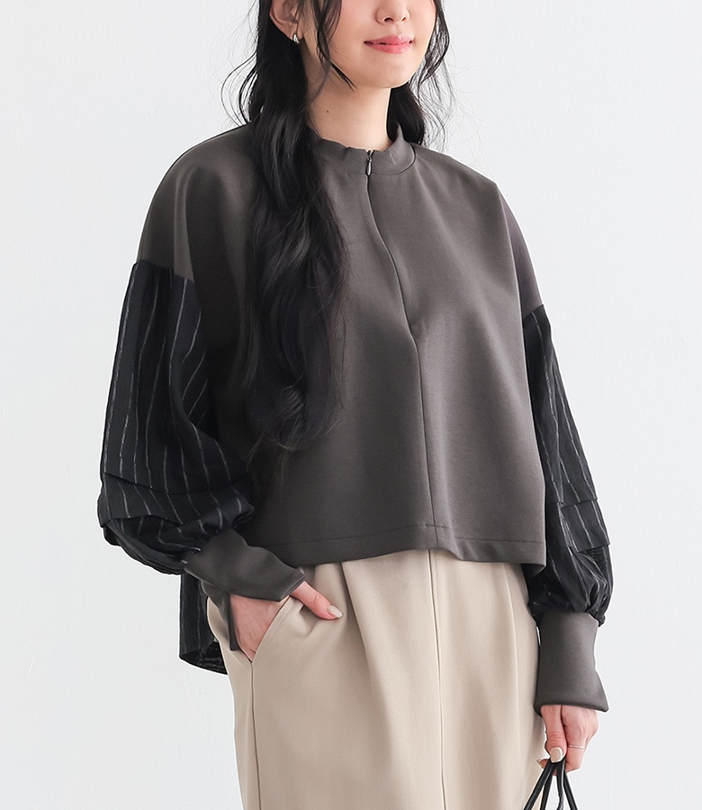 カットソー レディース 長袖トップス ハーフジップ ジップアップ モックネック ストライプ 春 秋 オシャレウォーカー「メール便可」「10」 | osharewalker | 02