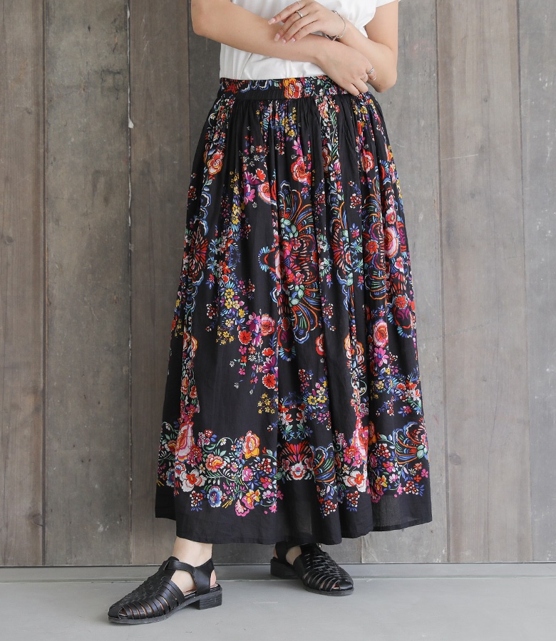 hazama 宝石花柄スカート　BLACK　XS スカート シフォン 花柄 ロングスカート フレア ロング ゴム 大柄 小花