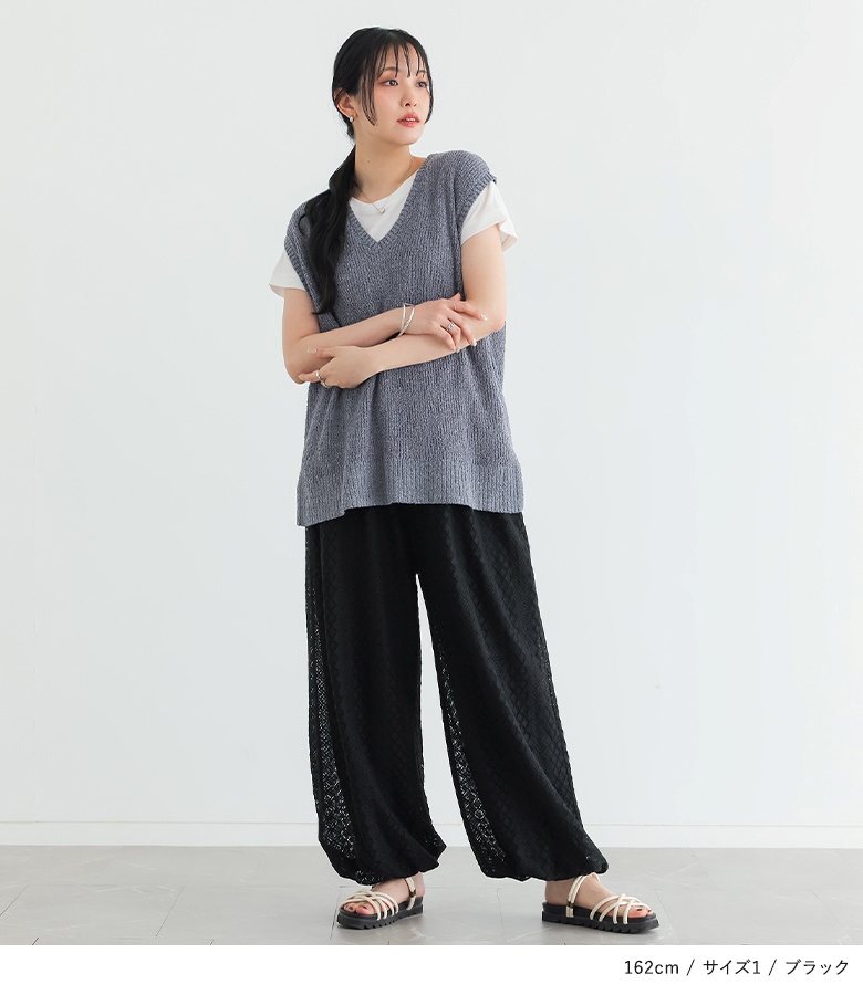 バルーンパンツ 接触冷感 レディース 夏 春 50代 40代 黒 S〜3L ワイドパンツ レース 大きいサイズ 体型カバー オシャレウォーカー「メール便不可」「20」 | osharewalker | 12