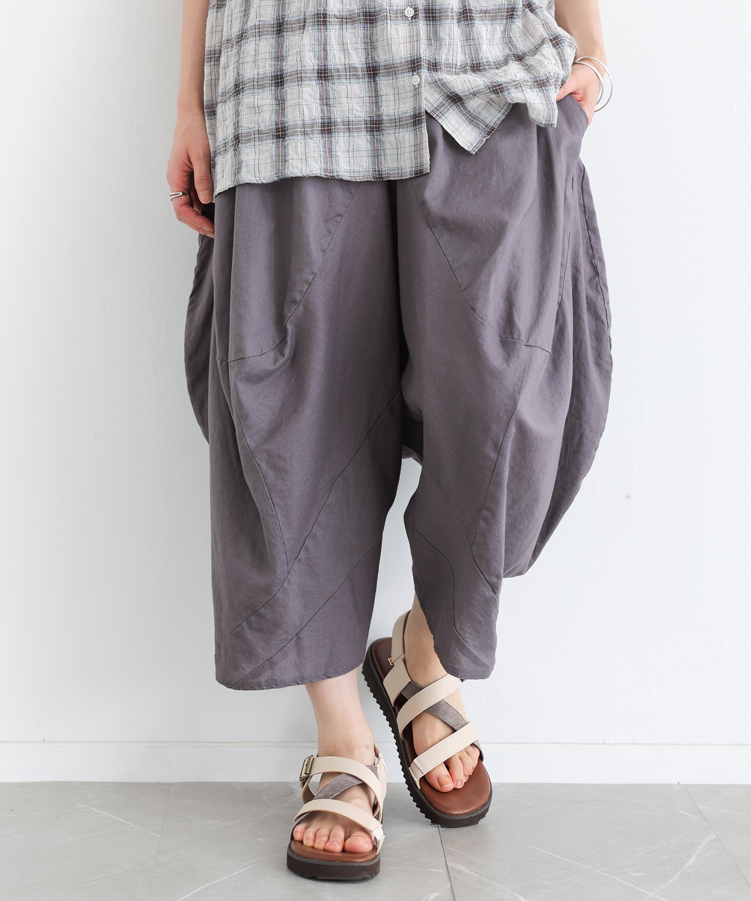 パンツ レディース ボトムス サルエルパンツ 7分丈 コクーン 立体シルエット 切り替え 綿麻 コットンリネン 春 夏 オシャレウォーカー「メール便不可」「20」 | osharewalker | 01