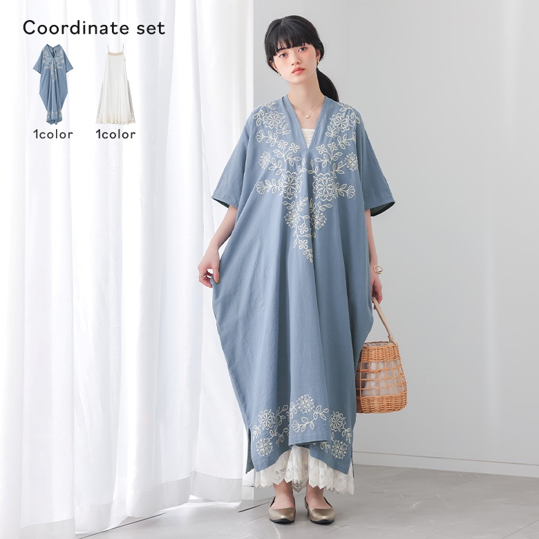 2点コーデセット 2026 レディース カフタンワンピース 夏 春 40代 白 M〜3L フリーサイズ ペチワンピ 体型カバー オシャレウォーカー「メール便不可」「40」