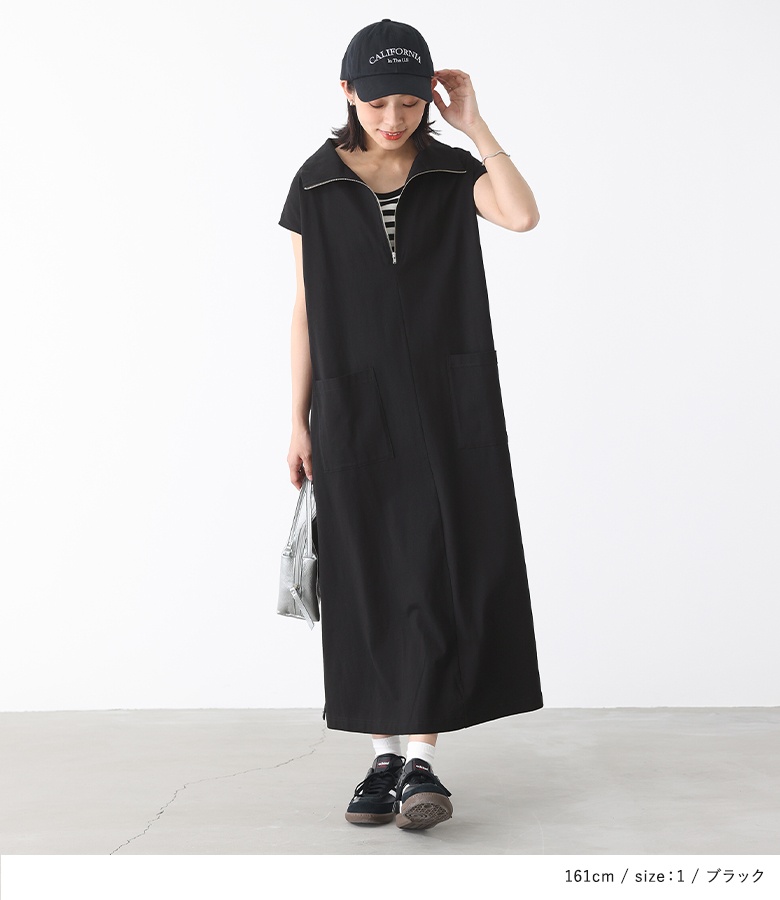 Y's ワイズ　ロングワンピース　黒　シャーリング　フレンチスリーブ　手洗いOK osharewalker ワンピース レディース ロング丈 半袖 フレンチ