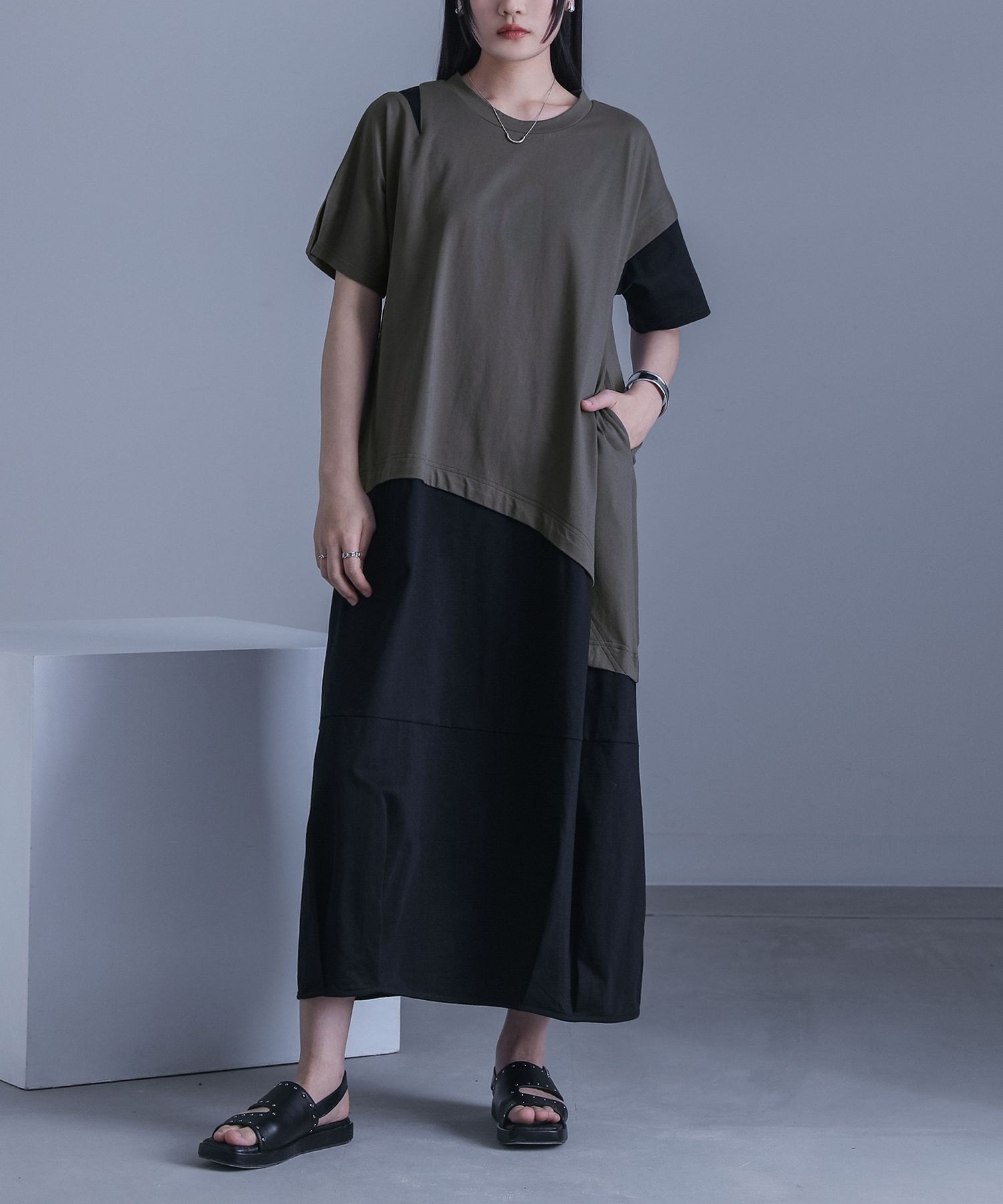 お洒落 アシンメトリー ワンピース オーバーサイズ トレンド OVERSIZED ASYMMETRIC-WAIST DRESS オーバーサイズ