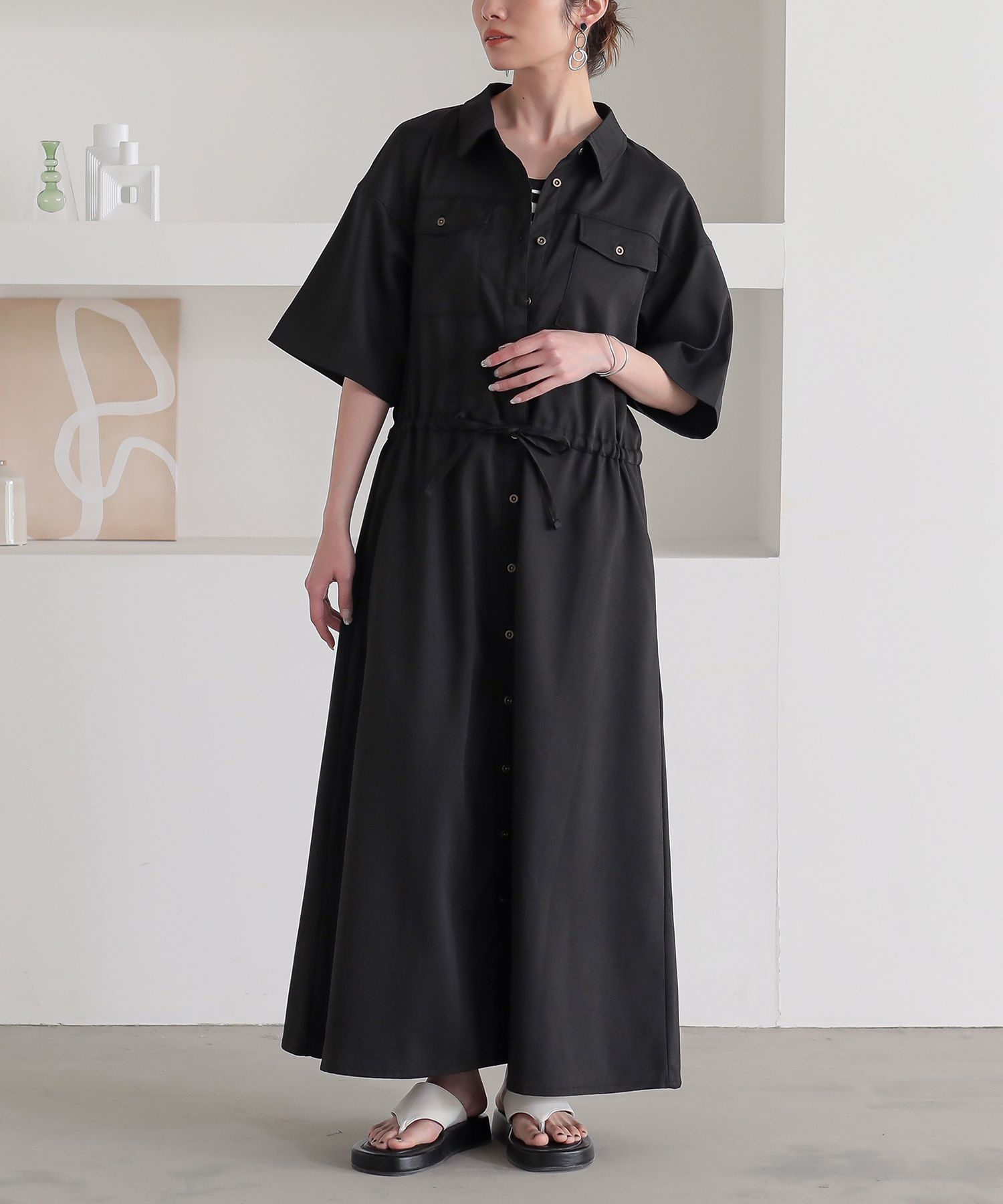 ARGUE コットンリネン シャツワンピース ロング マキシ丈 黒 アギュー osharewalker ワンピース レディース 夏 kireimeドレス ロング丈
