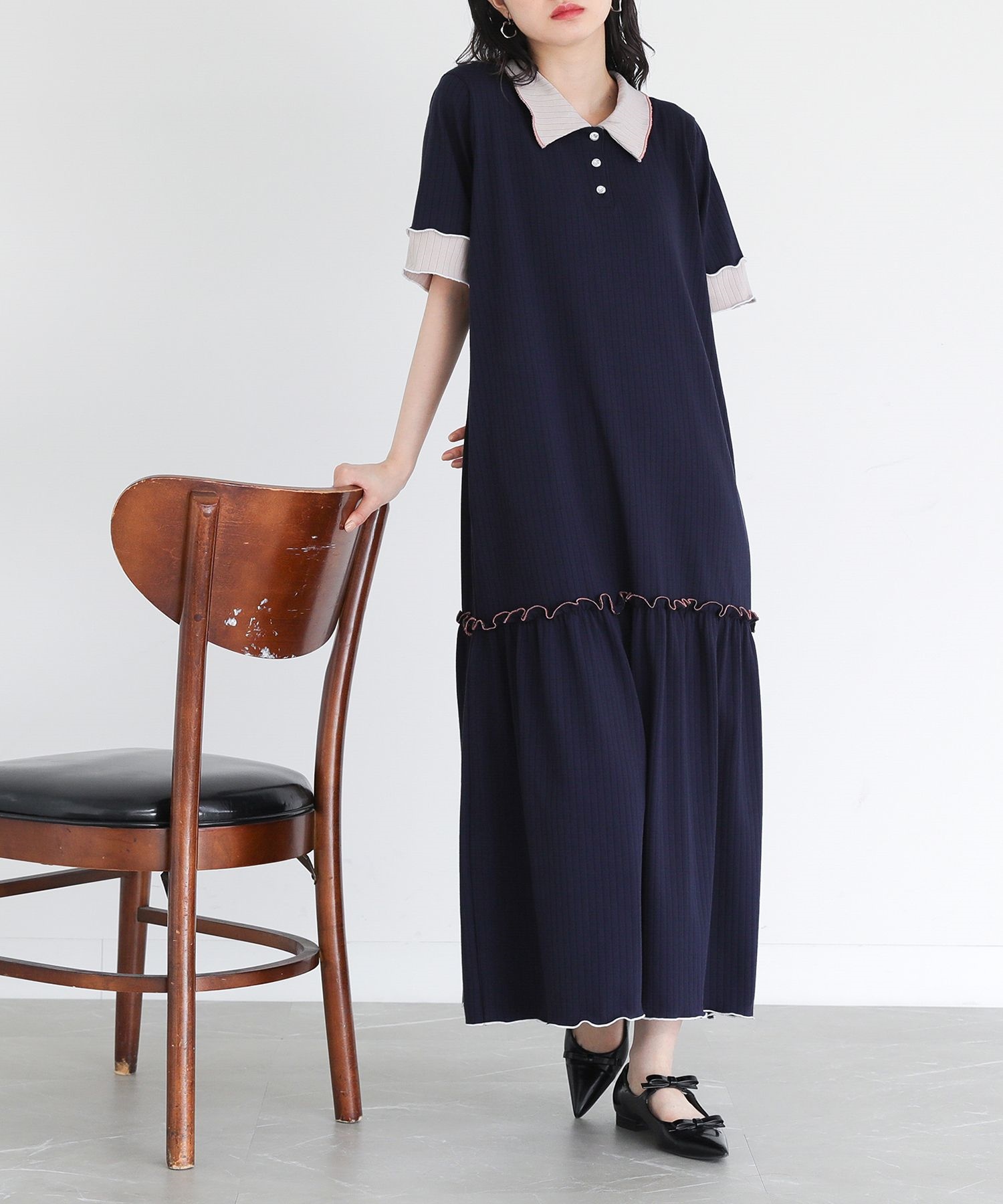 ワンピース レディース 夏 きれいめ ドレス ロング丈 半袖 ポロワンピ リブ メロー 襟付き 春 「メール便不可」「30」 | osharewalker | 02