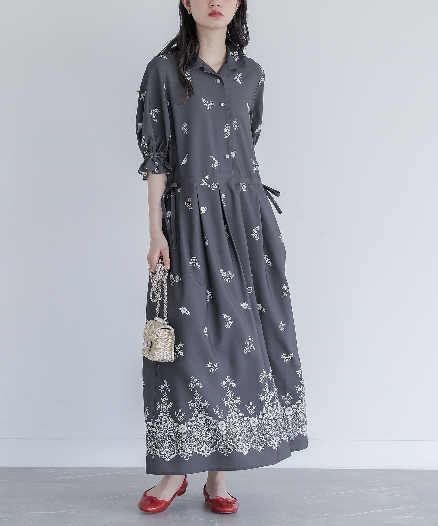 韓国 シルキーパールドレープ ゆったり 半袖 ワンピース 春夏 春夏 ワンピース 半袖 セーラーカラー ハーフスリーブ ロング丈