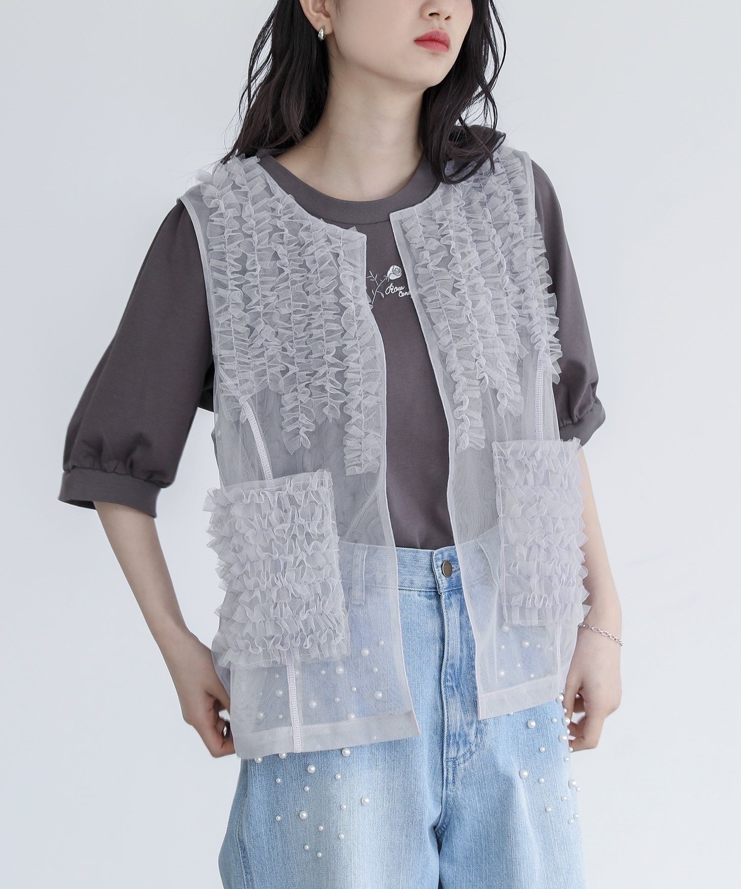 osharewalker ベスト レディース トップス ジレ チュール フリル