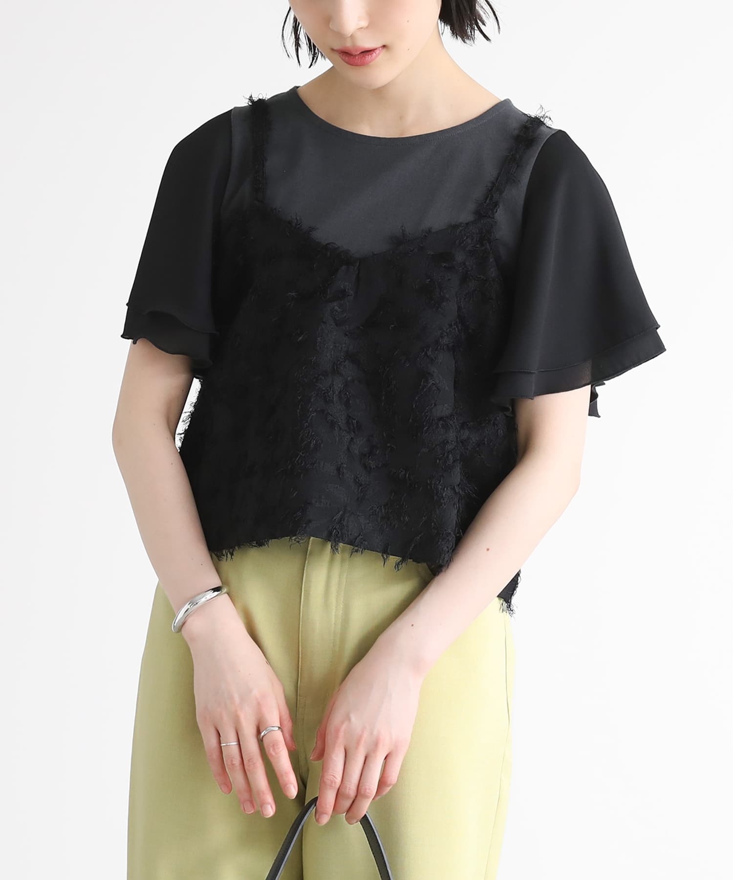 【6/5販売】Tシャツ レディース トップス カットソー 半袖 シフォン 異素材 クルーネック 綿1...