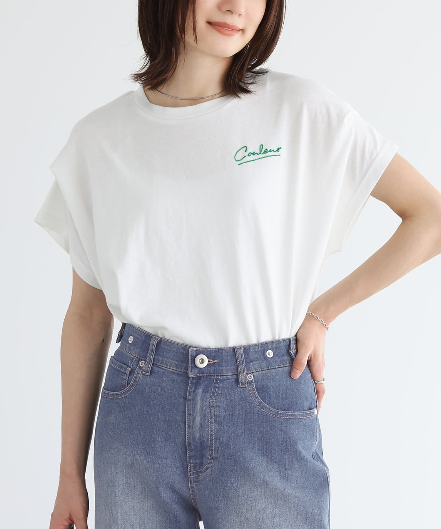 Tシャツ レディース トップス 半袖 カットソー 刺繍 ステッチ ロゴ 袖タック 配色 無地 綿混 ...