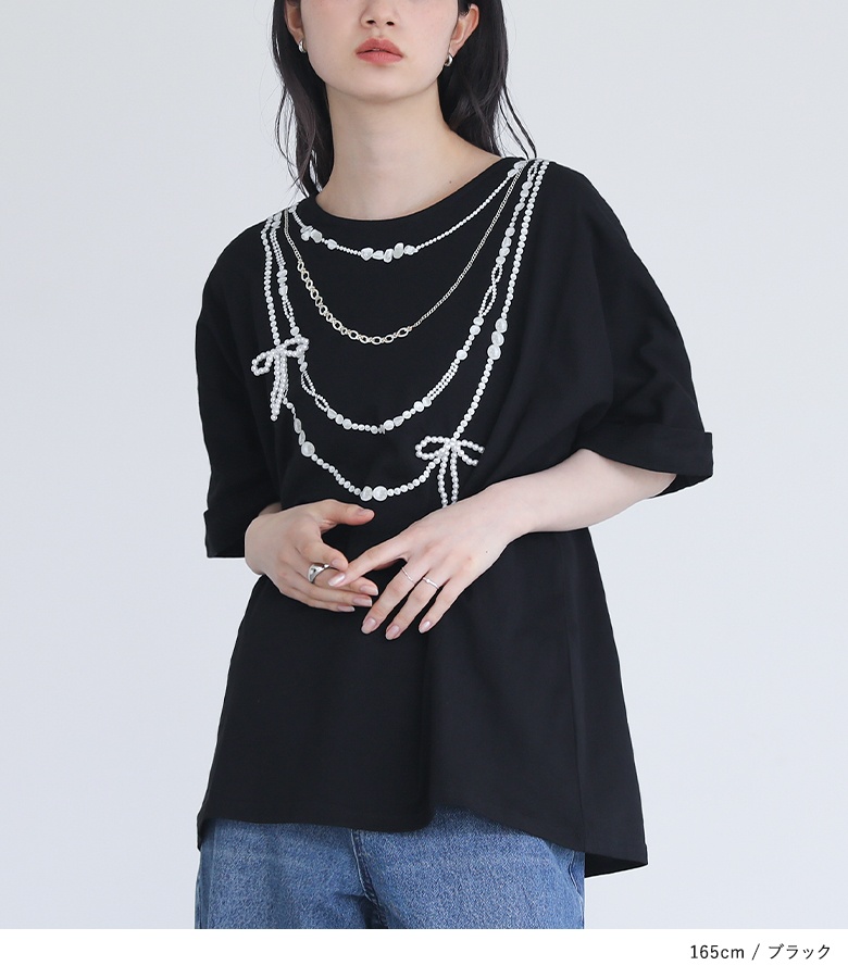 「新色登場」Tシャツ トップス レディース カットソー プリントTシャツ リボン フェイクパール コットン100％ 「メール便可」「10」 osharewalker 「新色登場」Tシャツ トップス レディース