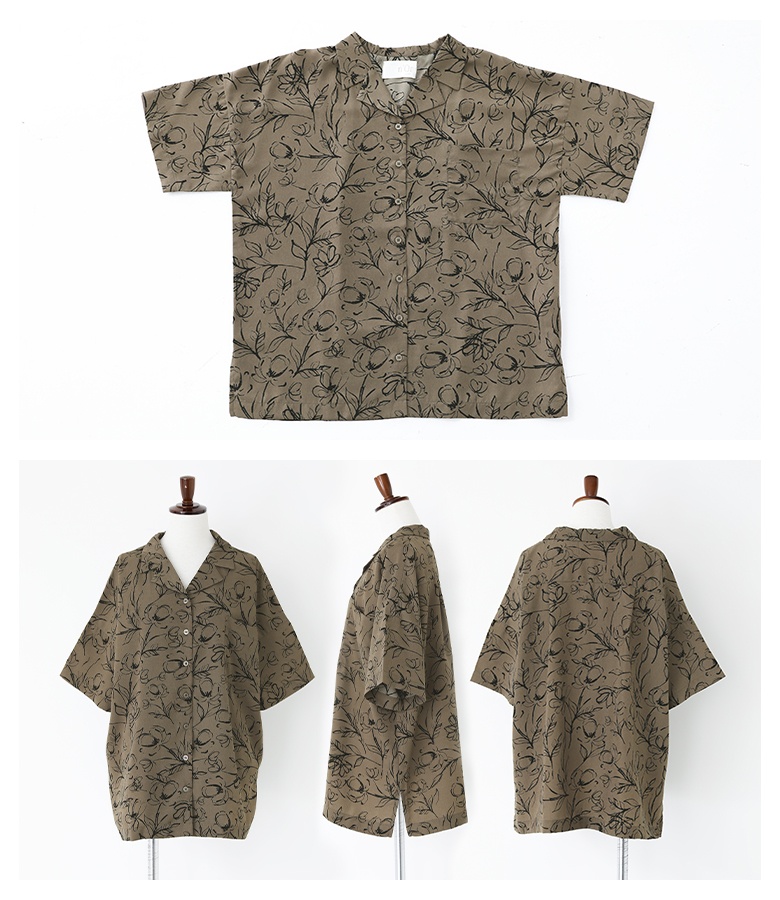 美品 45rpm 花柄 コットン100% オープンカラー 半袖シャツ◆ベージュ osharewalker レディース シャツ トップス 半袖 五分袖 オープン