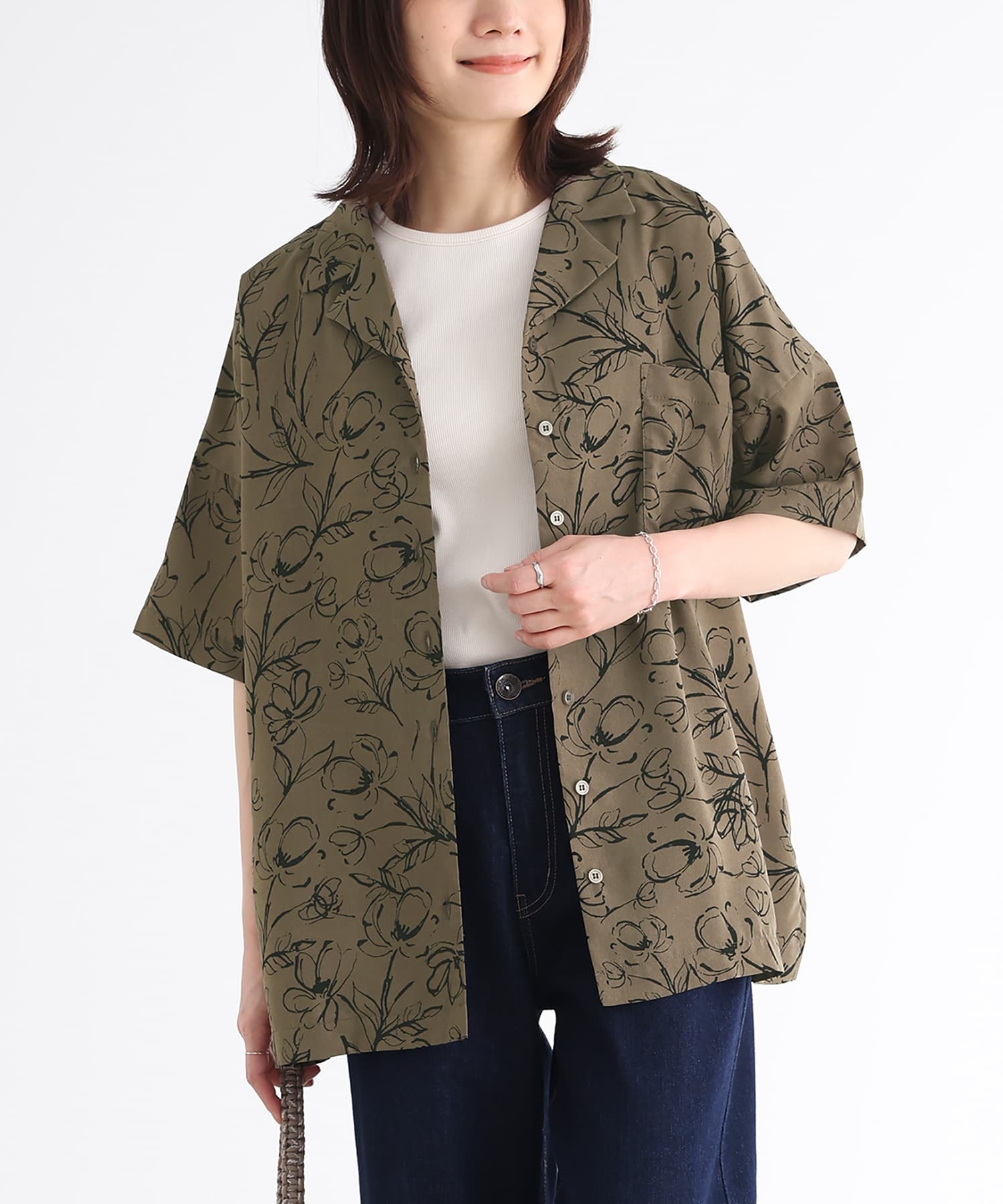 美品 45rpm 花柄 コットン100% オープンカラー 半袖シャツ◆ベージュ osharewalker レディース シャツ トップス 半袖 五分袖 オープン