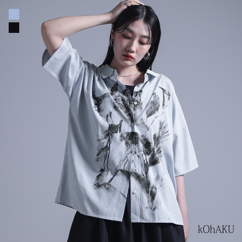 シャツ トップス レディース 半袖 夏 襟付きシャツ ブラウス 前開きシャツ 柄シャツ レギュラーカラー ストライプ柄「メール便可」「10」