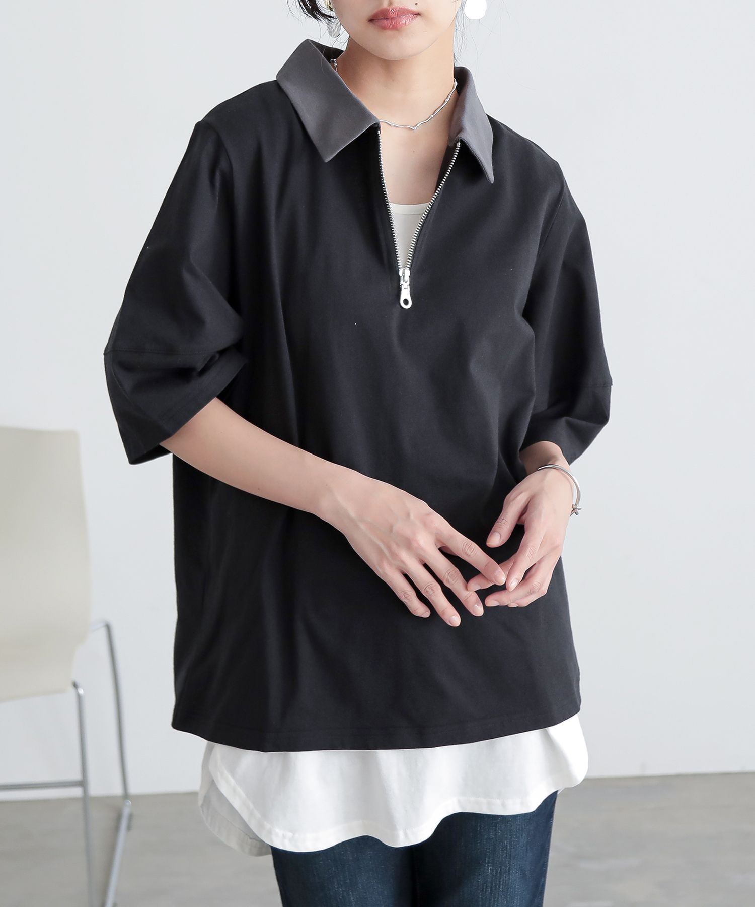 40’s 50’s ラッセル 肩爪 レーヨン混 ハーフジップ リブ付き tシャツ osharewalker カットソー レディース トップス 半袖 Tシャツ