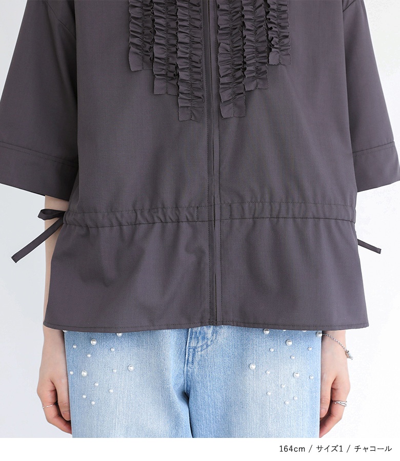 somewearclothing/半袖ブラウス/FREE/リネン/BLK/無地/SW-132 ソフトパウダークロス タックフリル半袖ブラウス(51652352-2024