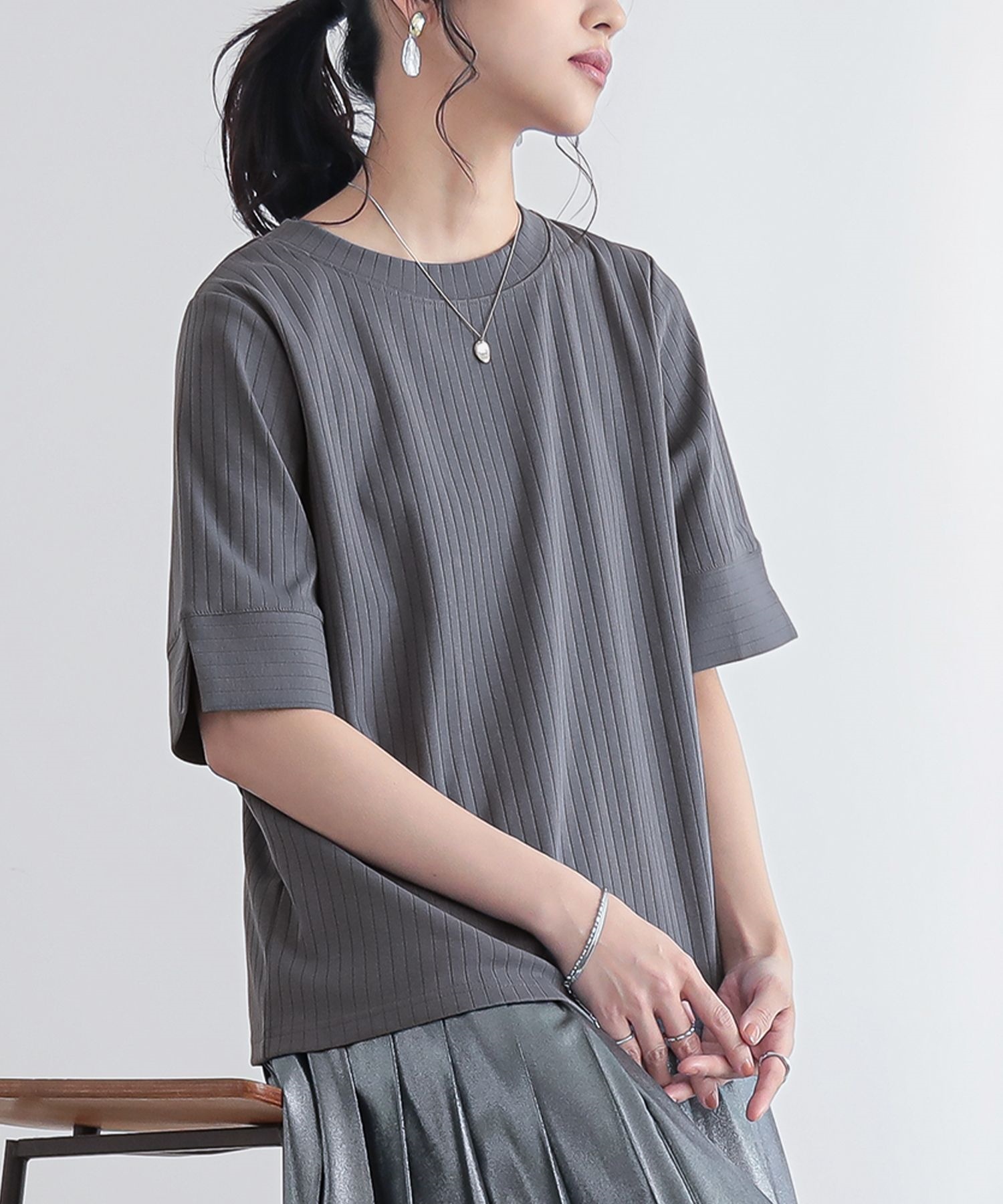 tシャツ 「手洗い可能」シアー ストレッチ クルーネック プルオーバー レディース Munich tシャツ シアーストレッチリブクルーネックプルオーバー