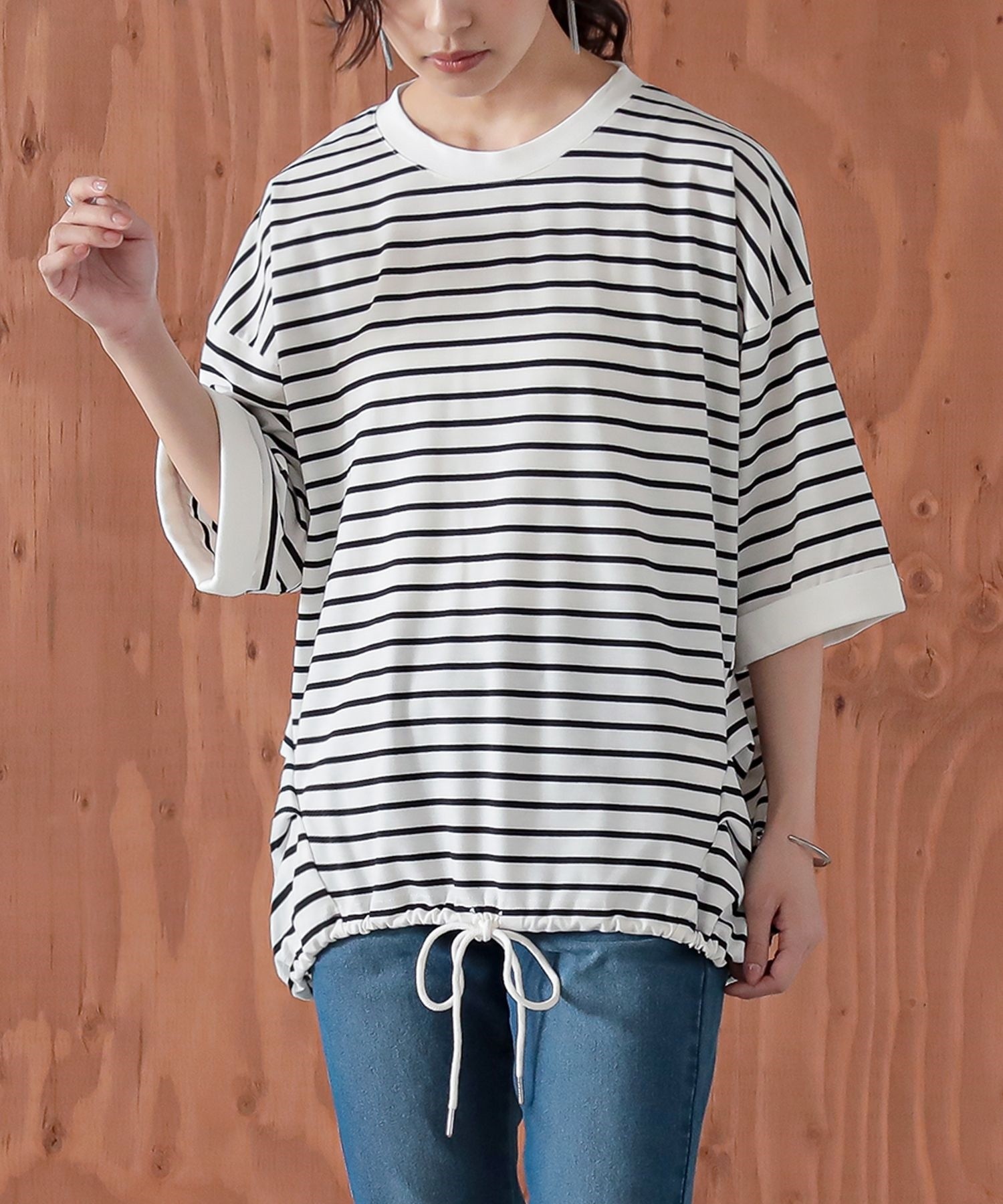 ［our］5分袖ボーダーカットソー　ホワイト 日本製]ボーダーペプラム5分袖カットソー(カットソー・Tシャツ