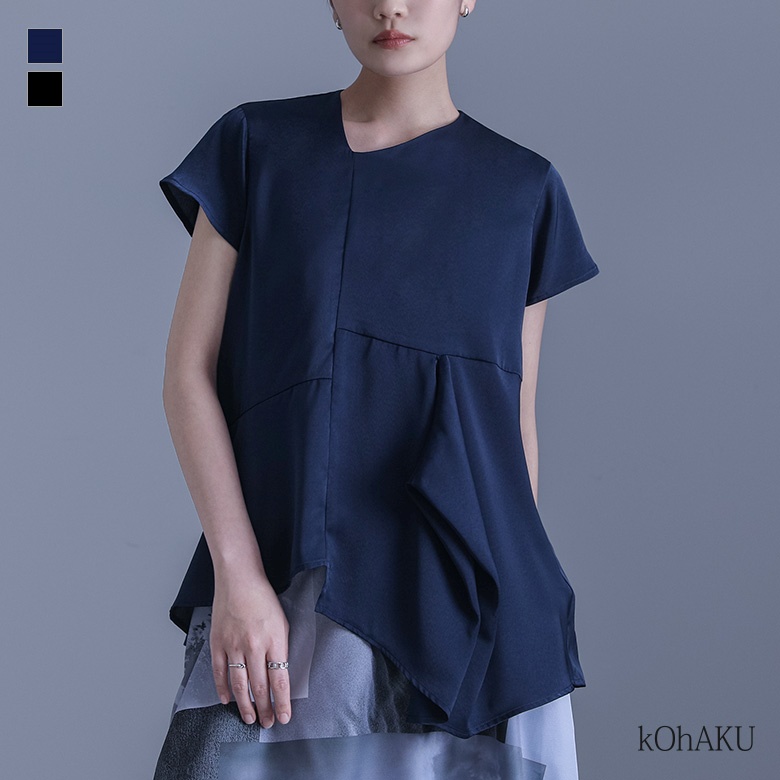 ブラウス レディース トップス 半袖 プルオーバー アシンメトリーアシメ ドレープ フレア ファスナー Tシャツ 黒 春 夏「メール便可」「5」