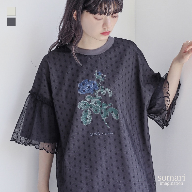カットソー レディース トップス Tシャツ チュール ドット 異素材 フリル 接触冷感 ローズ柄 花柄 夏「メール便可」「10」