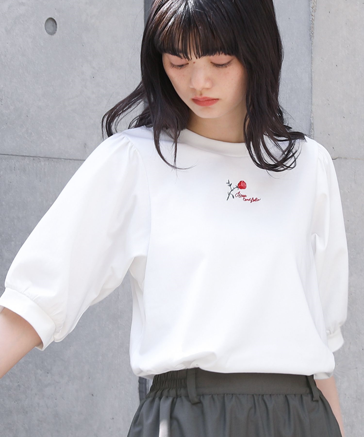 カットソー レディース トップス 半袖 クルーネック パフスリーブ ロゴ 刺繍 バラモチーフ 接触冷感 冷感 夏「メール便可」「10」 | osharewalker | 01