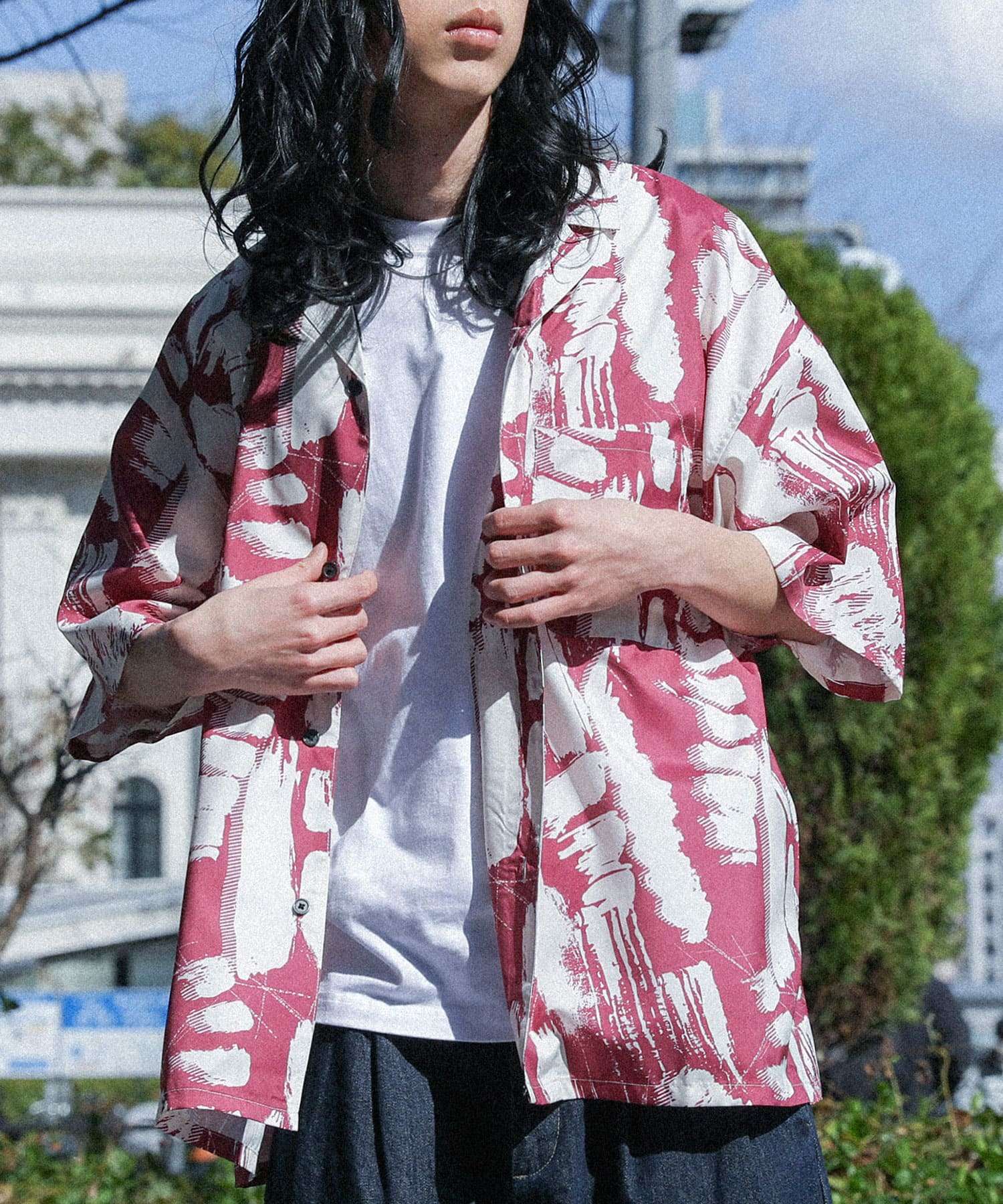 シャツ メンズ トップス カラーシャツ 半袖 柄シャツ プリント 前開き オープンカラー 羽織 ラフ ボタン 涼し気 薄手 夏 返品交換不可 「メール便可」「5」 | osharewalker | 02