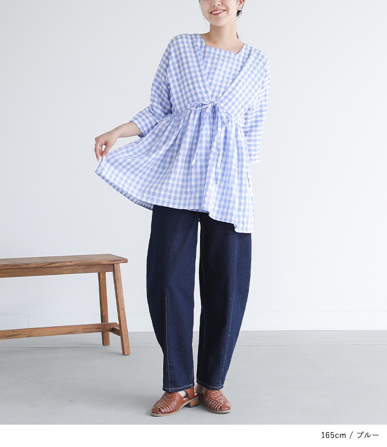 美品✦ฺ45R ギンガムチェック リネン チュニック ブラウス R刺繍 osharewalker（オシャレウォーカー） ブラウス 七分袖 レディース 春