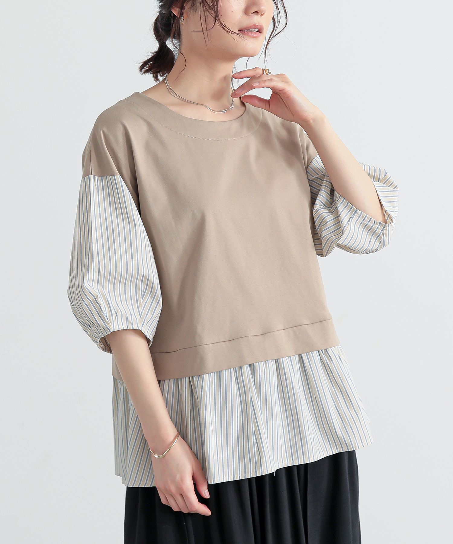YOKO CHAN ペプラム 半袖カットソー 異素材 切替 白 38 YOKO CHAN - 【美品】 YOKO CHAN / ヨーコチャン | 異素材切替