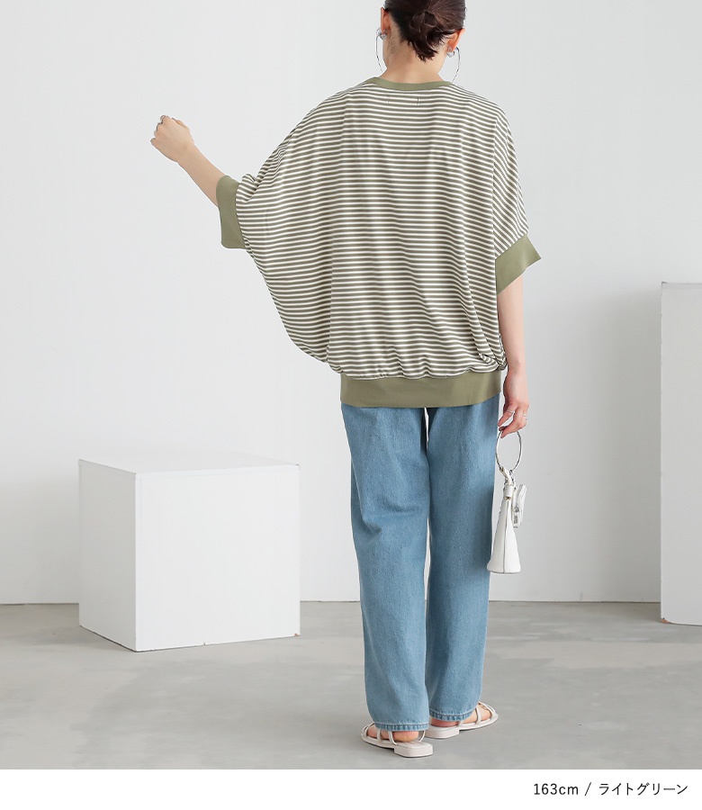 カットソー レディース トップス 半袖 Tシャツ ボーダー柄 ドルマン リブ ゆったり 配色 クルーネック 二の腕カバー 50代 春 夏「メール便可」「10」 | osharewalker | 05