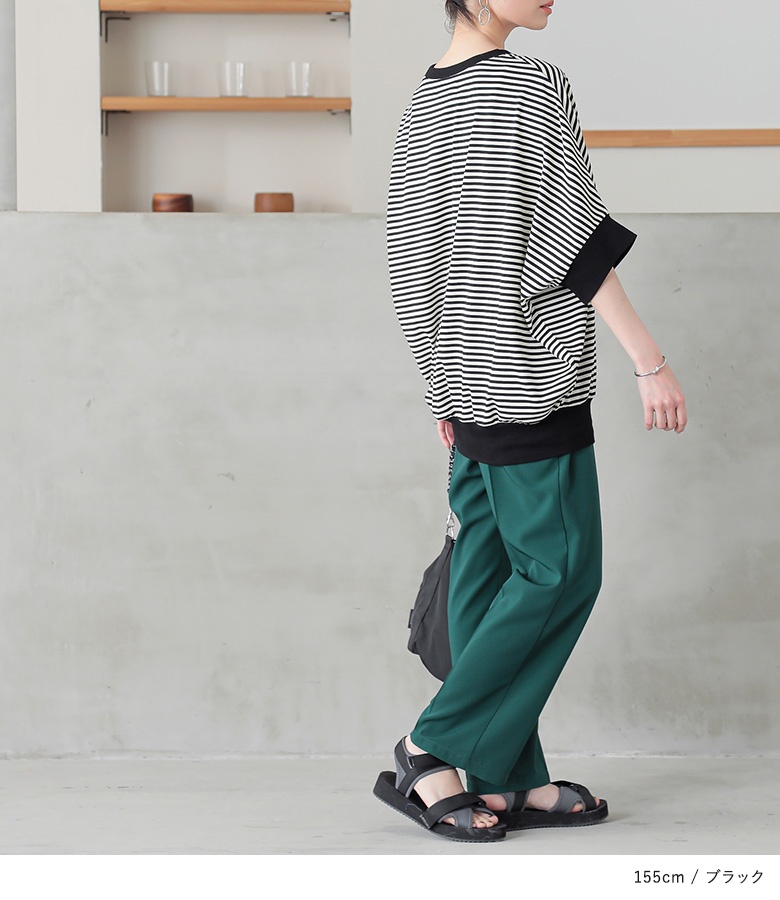 カットソー レディース トップス 半袖 Tシャツ ボーダー柄 ドルマン リブ ゆったり 配色 クルーネック 二の腕カバー 50代 春 夏「メール便可」「10」 | osharewalker | 12