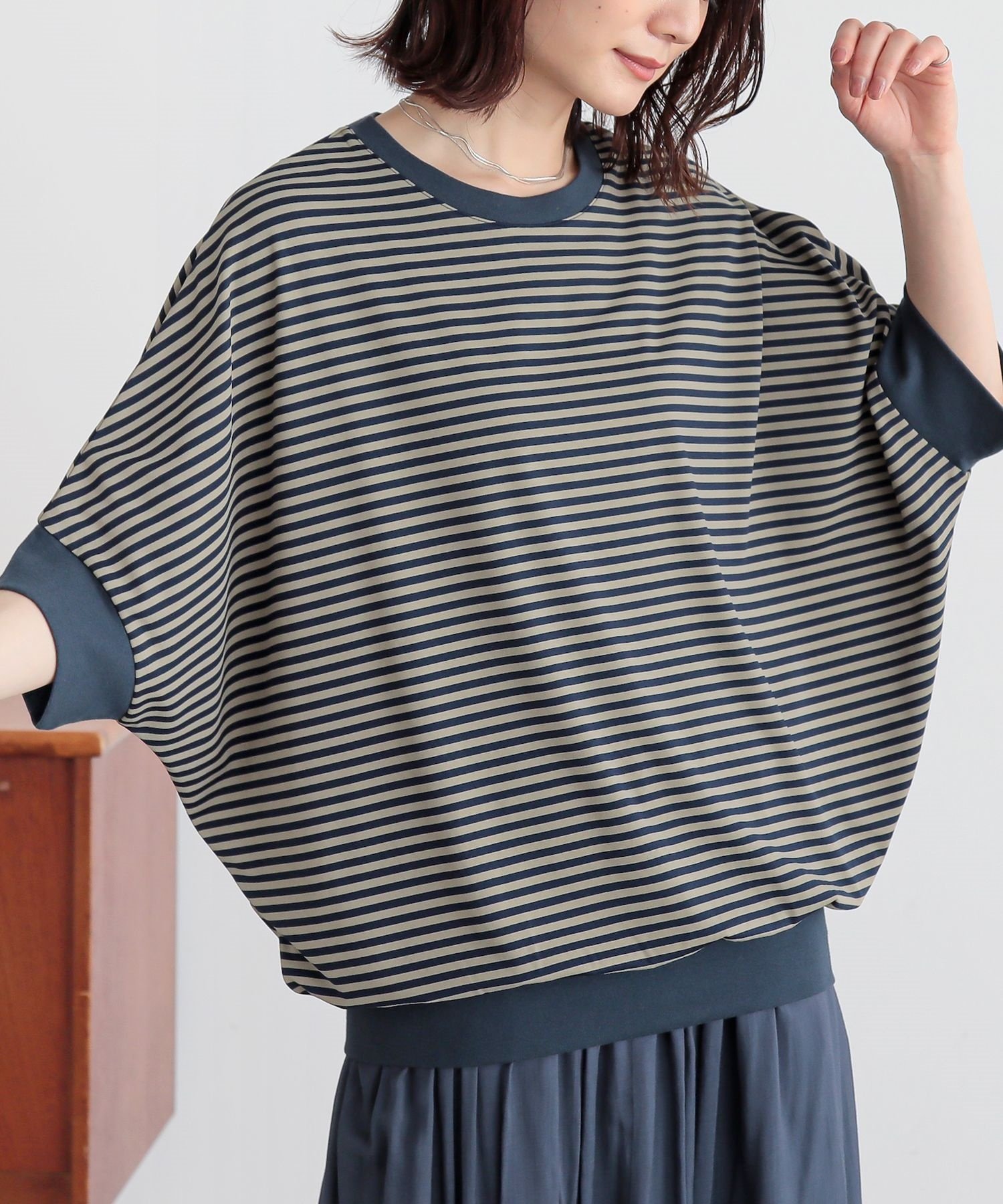 カットソー レディース トップス 半袖 Tシャツ ボーダー柄 ドルマン リブ ゆったり 配色 クルーネック 二の腕カバー 50代 春 夏「メール便可」「10」 | osharewalker | 01